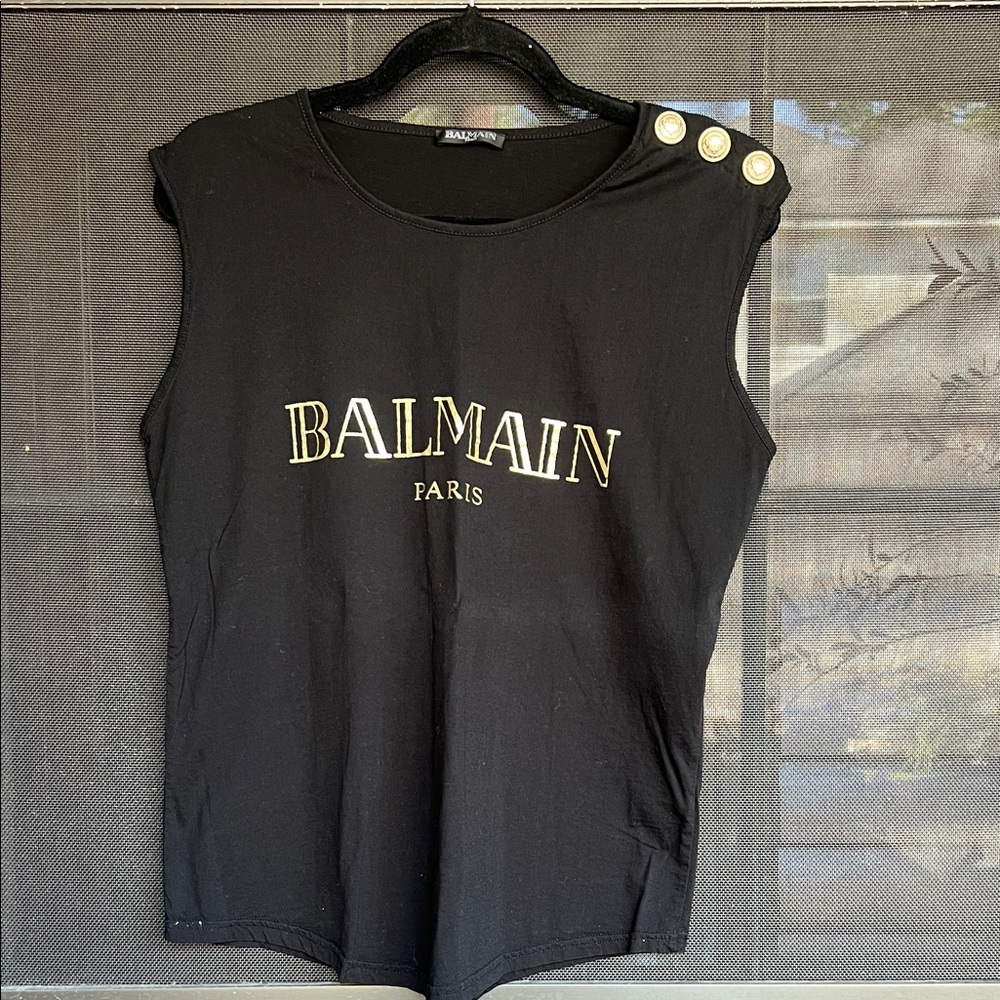 Balmain Black Tee with Gold Accents